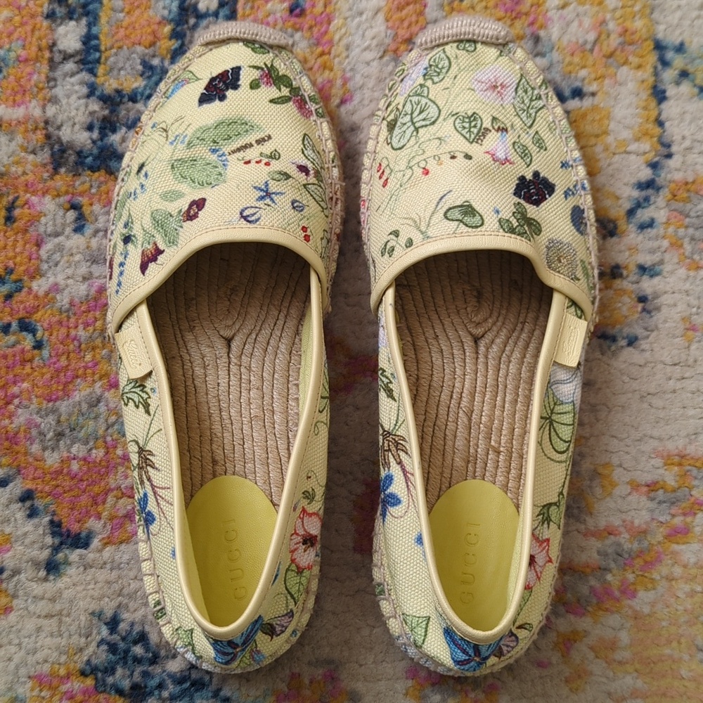 Gucci x Kris Knight Flora Knight Floral Canvas Espadrille Flats Citrus Yellow 38 - Picture 4 of 16